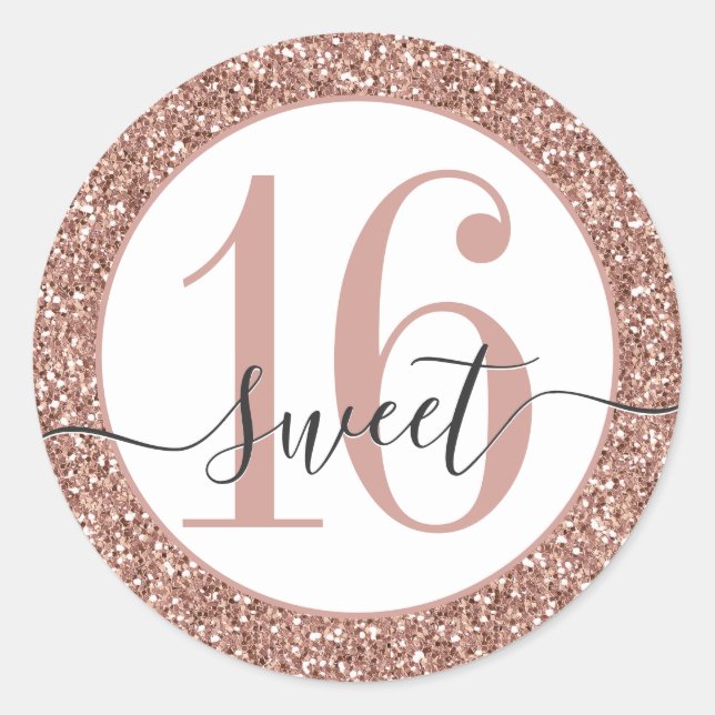 Rose Gold Pink Glitter Sweet 16 Favour Sticker Sea (Front)