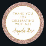 Rose Gold Pink Glitter Thank You Party Favour Classic Round Sticker<br><div class="desc">Rose Gold Pink Glitter with gold thank you text and name favour label, perfect for a girly and modern bat mitzvah, birthday party, Quinceanera, baby or bridal shower, or bachelorette party. Glitter is a printed image - no real glitter is used and so no mess! Visit the Paper Grape Zazzle...</div>