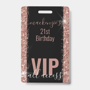 Rose Gold Pink Glitter VIP Bday Party Invitation ID Badge