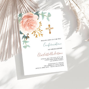 Rose gold pink greenery gold cross confirmation invitation