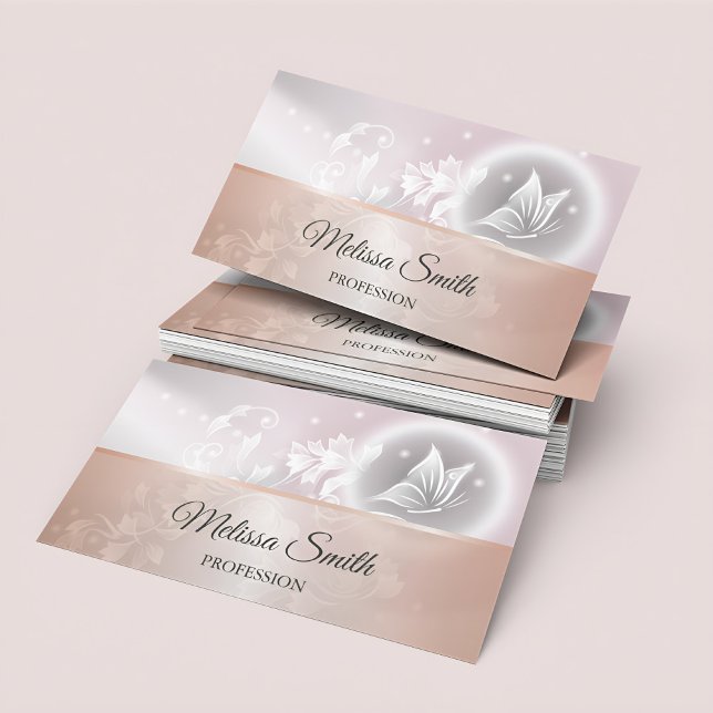 Rose Gold Pink Grey Floral Butterfly Business Card (Creator Uploaded)