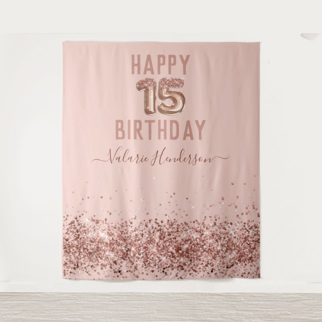 Rose Gold Pink Happy 15th Birthday Tapestry (Front)