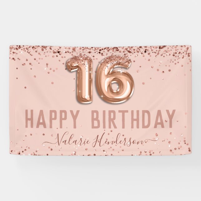 Rose Gold Pink Happy 16th Birthday Banner (Horizontal)