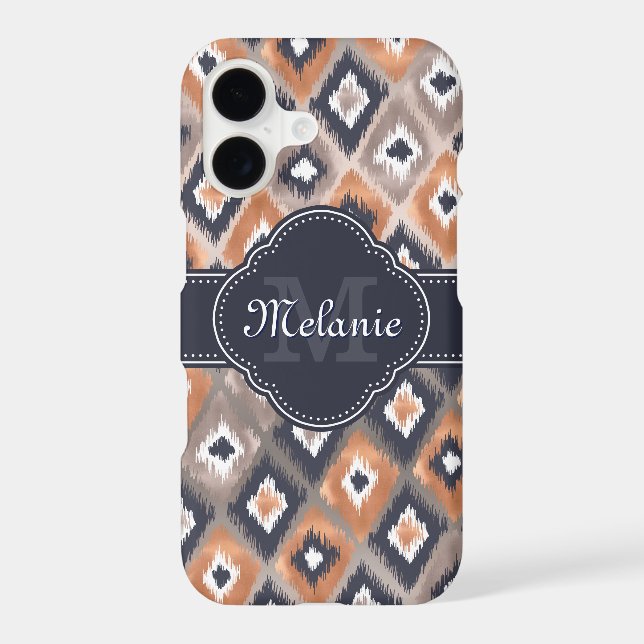 Rose Gold Pink Ikat Pattern Navy Monogram (Back)