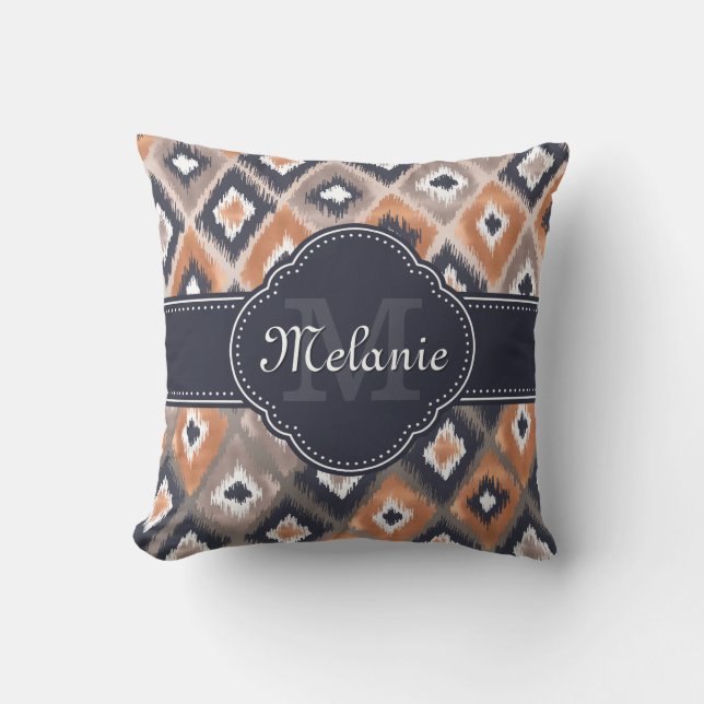 Rose Gold Pink Ikat Pattern Navy Monogram Cushion (Front)