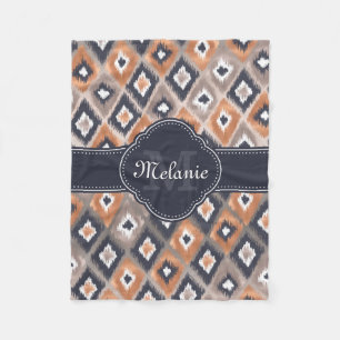 Rose Gold Pink Ikat Pattern Navy Monogram Fleece Blanket