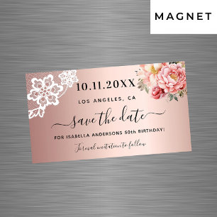 Rose gold pink lace birthday Save the Date magnet