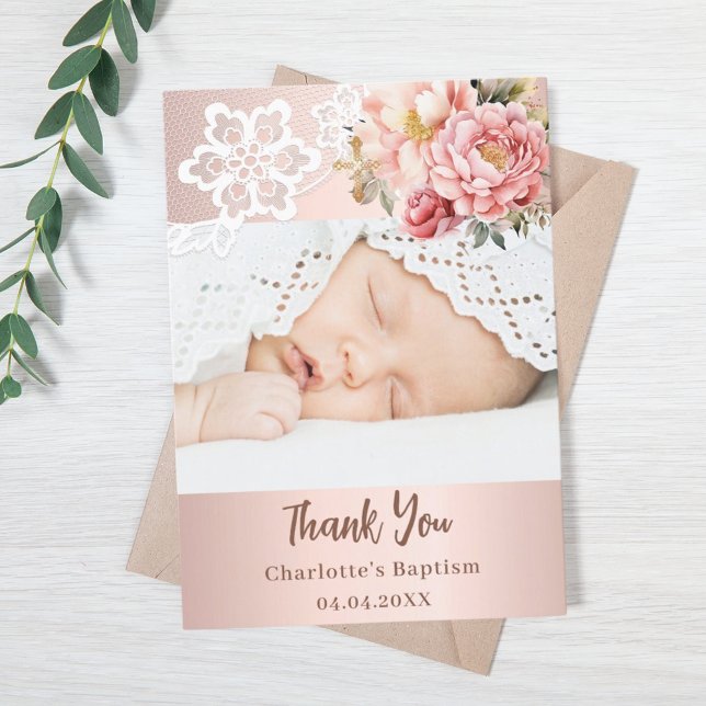 Rose gold pink lace girl cross baptism photo thank you card (Creator Uploaded)