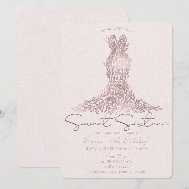 Rose Gold Pink Leaves Glam Dress Sweet 16 Party Invitation (Front/Back)