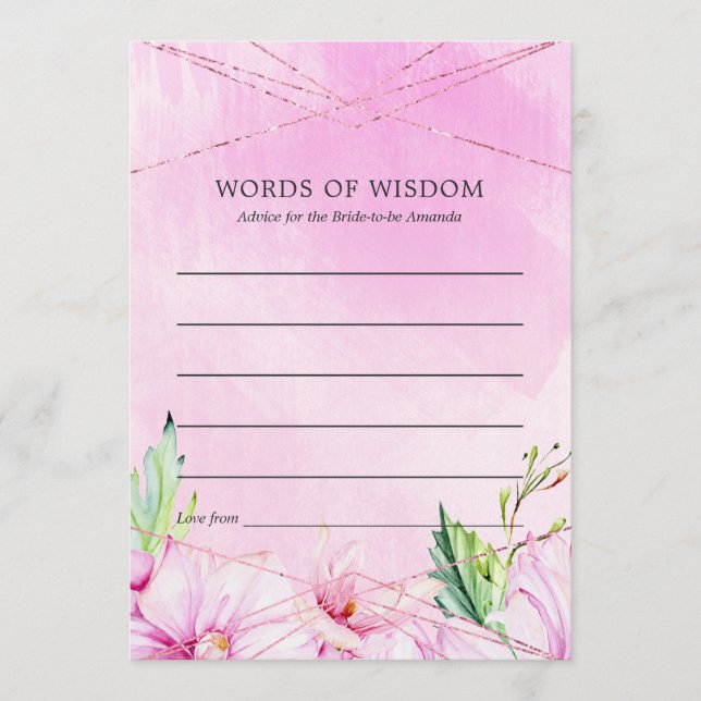 Rose Gold & Pink Magnolia Geometric Bridal Shower Advice Card (Front)