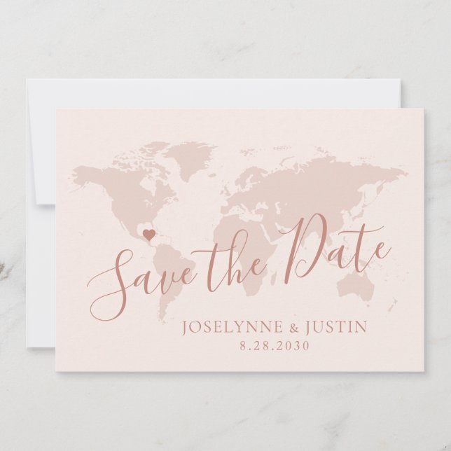 Rose Gold Pink Map Destination Travel Wedding Pic Save The Date (Front)