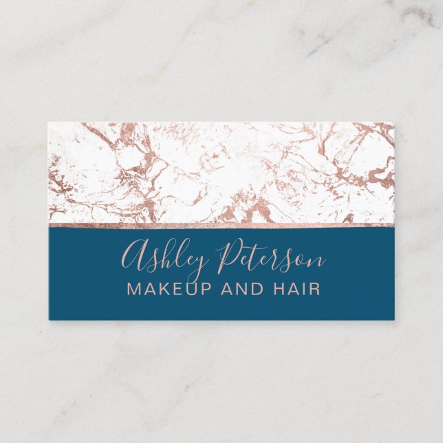 Rose gold pink marble blue hair makeup typography business card (Front)