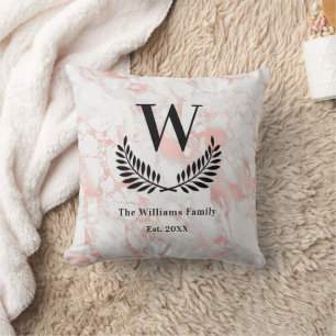 Rose gold pink marble family monogram elegant cushion