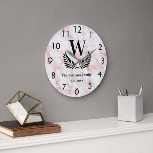 Rose gold pink marble family monogram elegant  large clock