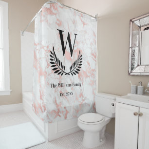 Rose gold pink marble family monogram elegant shower curtain