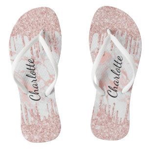 Rose gold pink marble glitter drips name script thongs