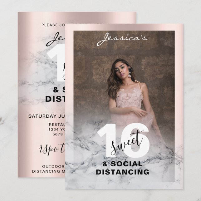 Rose gold pink marble Sweet 16 Birthday Photo Chic Invitation (Front/Back)
