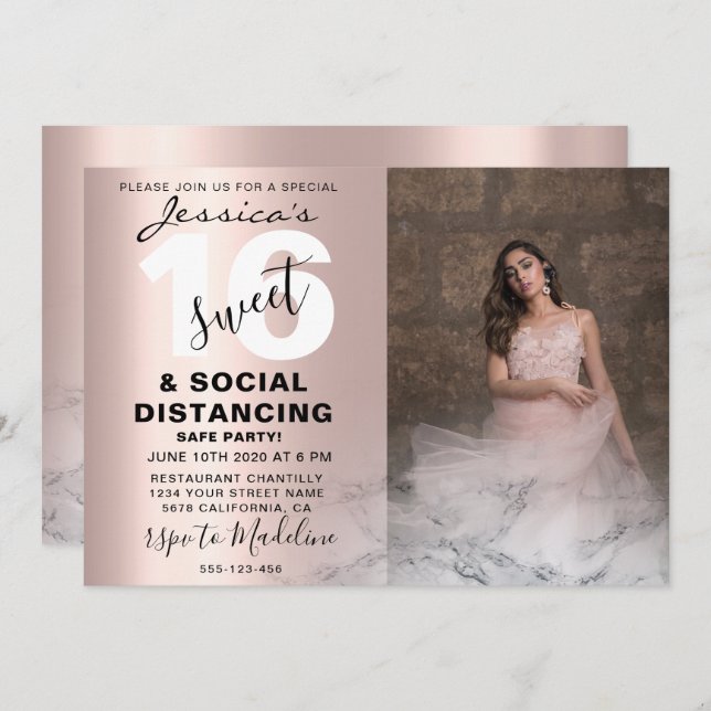 Rose gold pink marble Sweet 16 Birthday Photo Chic Invitation (Front/Back)