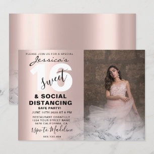 Rose gold pink marble Sweet 16 Birthday Photo Chic Invitation