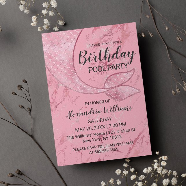 Rose Gold Pink Mermaid Tail Pool Marble Birthday Invitation Postcard (Rose Gold Pink Mermaid Tail Pool Marble Birthday )