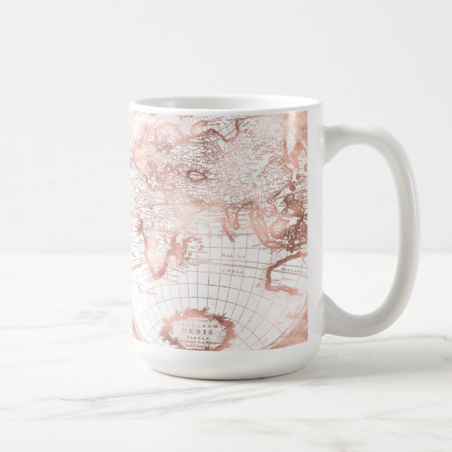 Rose Gold Pink Metal Glitter Antique World Map Coffee Mug (Right)