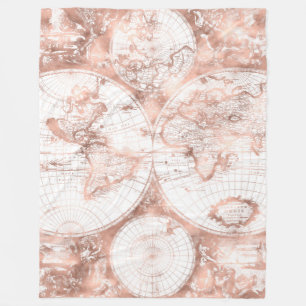 Rose Gold Pink Metal Glitter Antique World Map Fleece Blanket