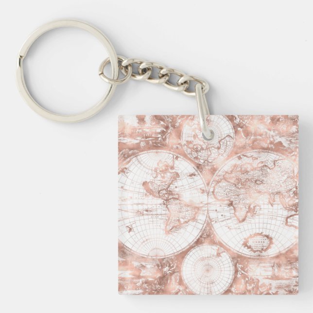 Rose Gold Pink Metal Glitter Antique World Map Key Ring (Front)