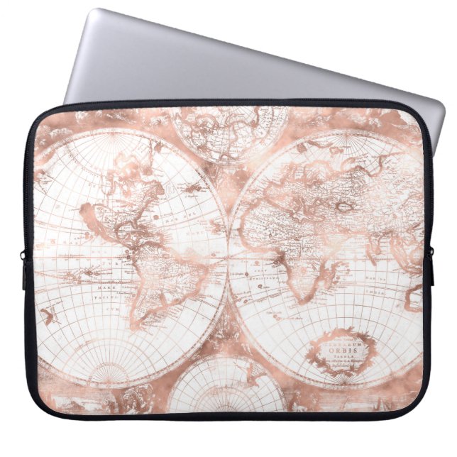 Rose Gold Pink Metal Glitter Antique World Map Laptop Sleeve (Front)