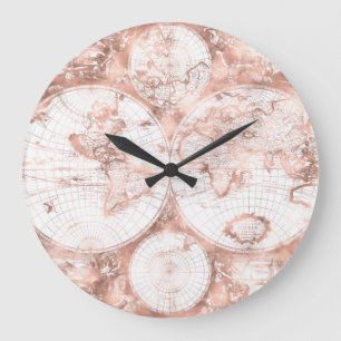 Rose Gold Pink Metal Glitter Antique World Map Large Clock