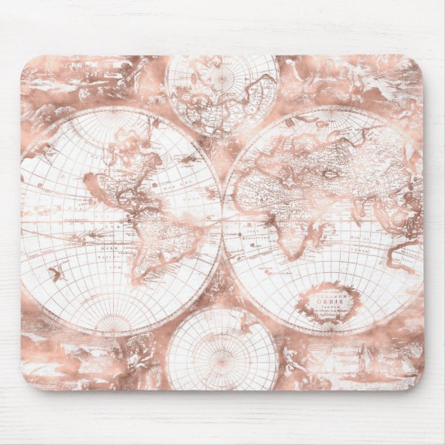 Rose Gold Pink Metal Glitter Antique World Map Mouse Pad (Front)