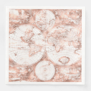 Rose Gold Pink Metal Glitter Antique World Map Napkin
