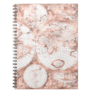Rose Gold Pink Metal Glitter Antique World Map Notebook