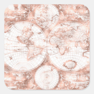 Rose Gold Pink Metal Glitter Antique World Map Square Sticker