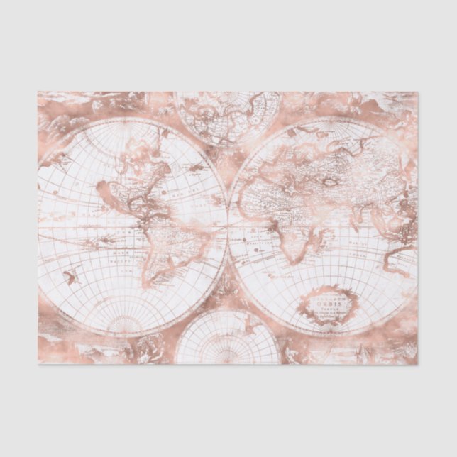 Rose Gold Pink Metal Glitter Antique World Map Tissue Paper (Front)
