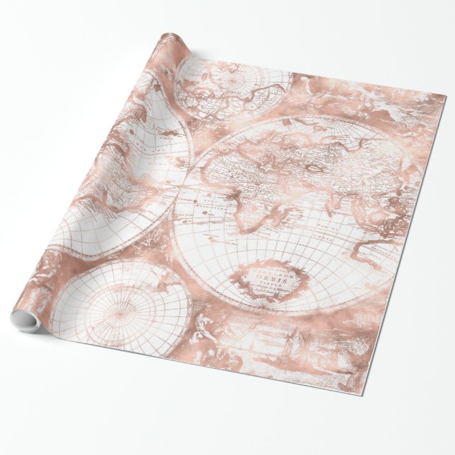 Rose Gold Pink Metal Glitter Antique World Map Wrapping Paper (Unrolled)