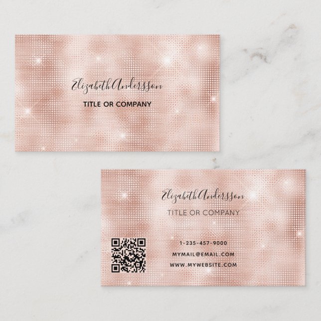 Rose gold pink metallic qr code business card (Front/Back)