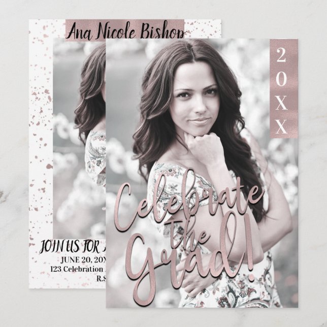 Rose Gold Pink Modern Graduation Grad Party Invitation (Front/Back)