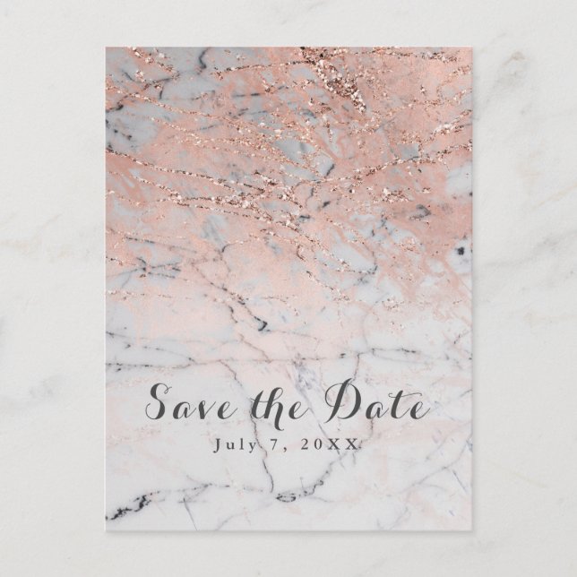 Rose Gold Pink Modern Marble Glam Save the Date Announcement Postcard (Front)
