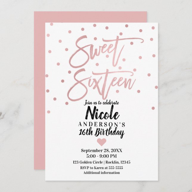 Rose Gold Pink Modern Script Sweet 16 Sixteen Invitation (Front/Back)