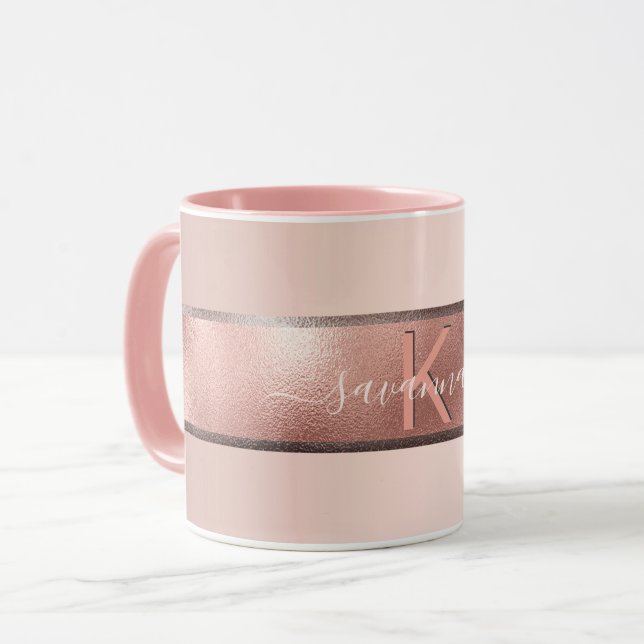 Rose gold pink monogram elegant mug (Front Left)