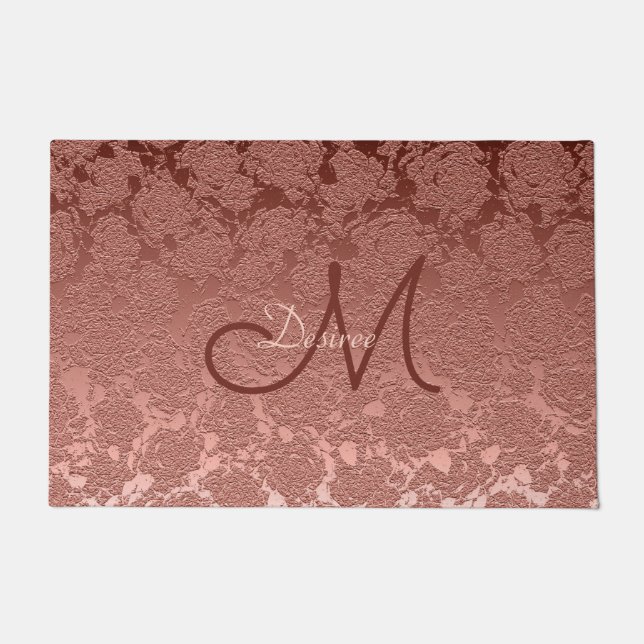 Rose Gold Pink Monogram Floral Modern Classy Doormat (Front)