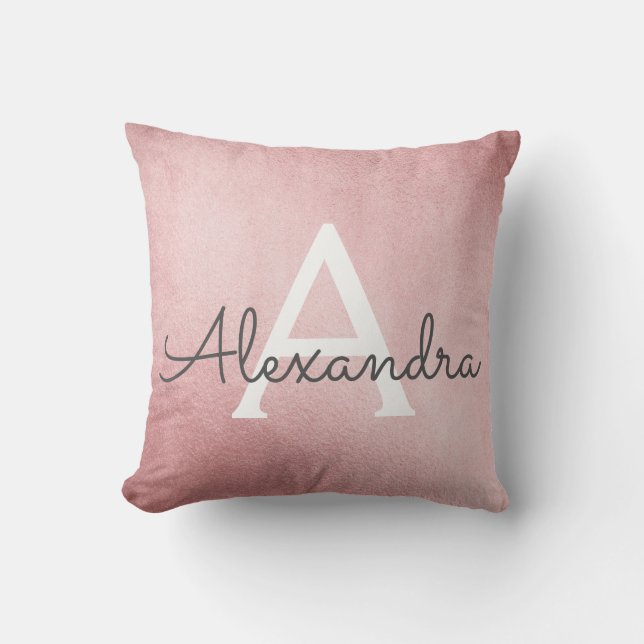 Rose Gold Pink Monogram Name & Initial Cushion (Front)