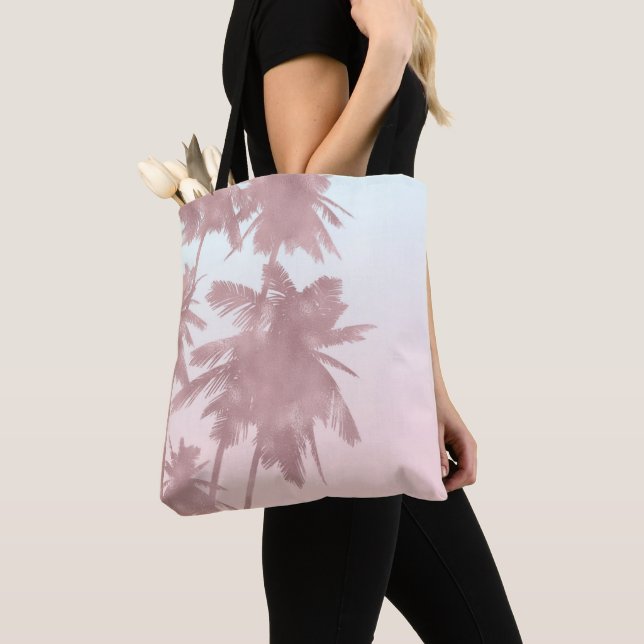 Rose Gold Pink Palms Beach Ombre Palm Trees Tote Bag (Close Up)