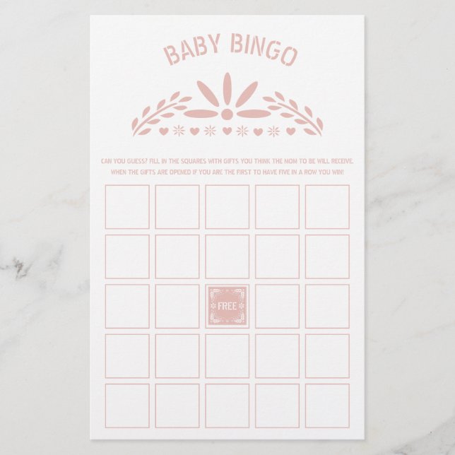 Rose gold pink Papel Picado Baby Shower Bingo game Flyer (Front)