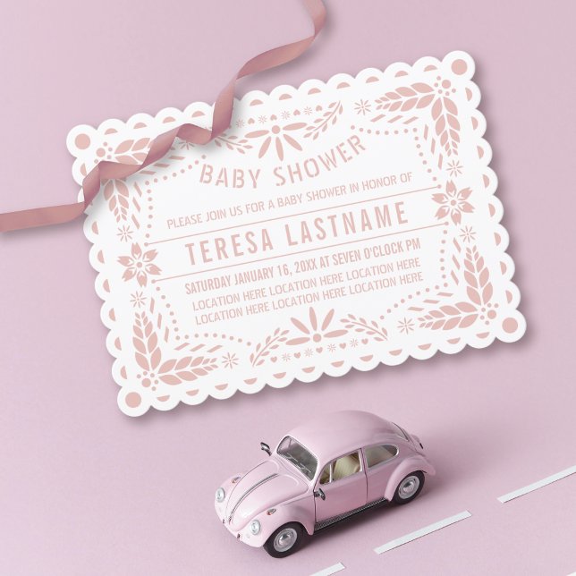Rose gold pink papel picado white baby girl shower invitation (Creator Uploaded)