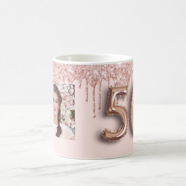 Rose gold pink photo 50th birthday coffee mug (Center)