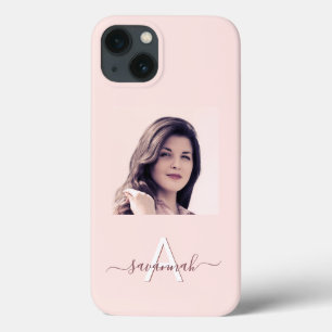 Rose gold pink photo monogrammed iPhone 13 case