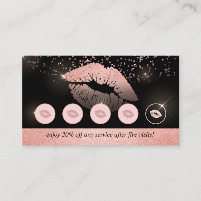 Rose gold pink punches lips makeup loyalty business card (Front)