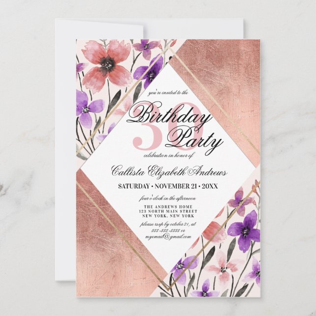 Rose Gold Pink Purple Flower Watercolor Birthday Invitation (Front)