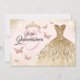 Rose Gold Pink Quinceanera Butterfly Dress  Invitation